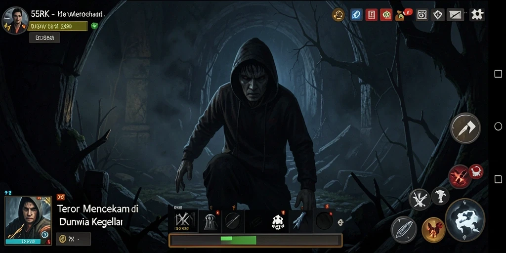 Screenshot menunjukkan suasana mencekam di dalam game 55RK.
