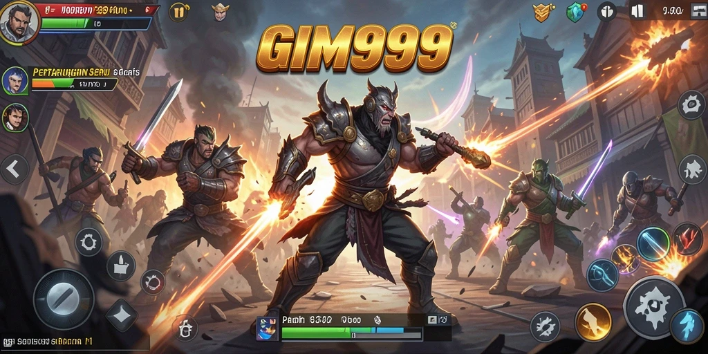 Tampilan aksi seru dalam game Fighting GIM999 dengan karakter menampilkan jurus-jurus khusus.