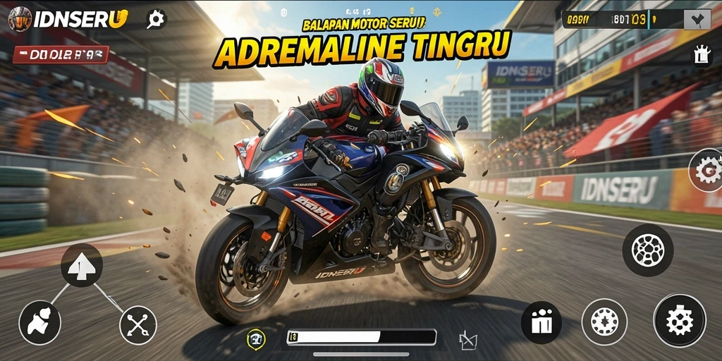 Tampilan gameplay seru dari IDNSERU dengan balapan motor yang mendebarkan.