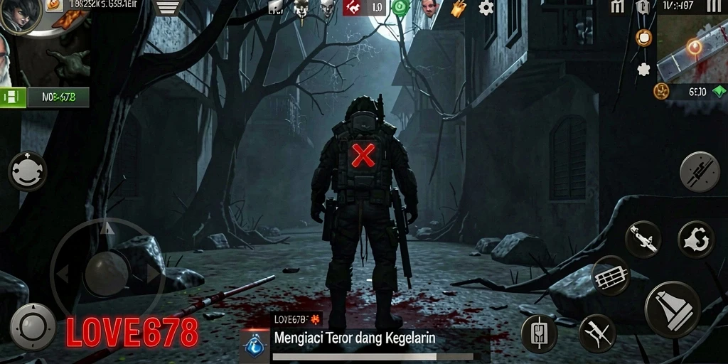 Tampilan gameplay LOVE678 yang menjelajahi kegelapan menakutkan.