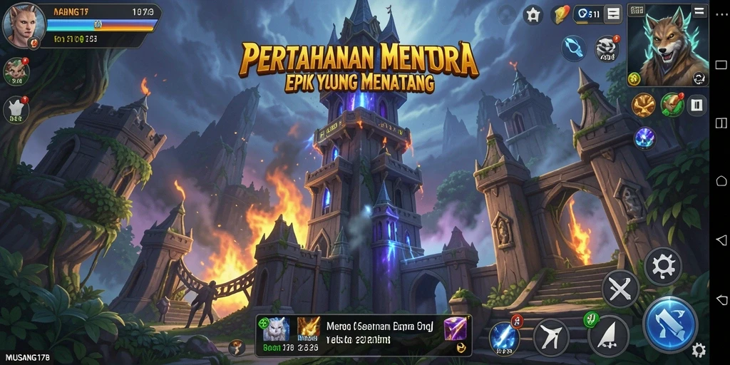 Tampilan menara pertahanan dalam aksi saat melawan musuh.