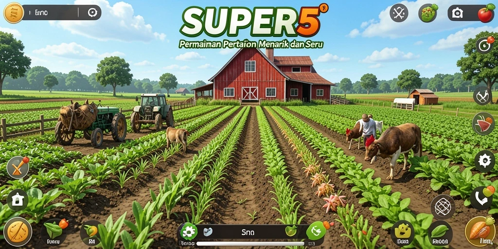 Screenshot SUPER5 menampilkan aktivitas pertanian yang seru dan interaksi sosial.